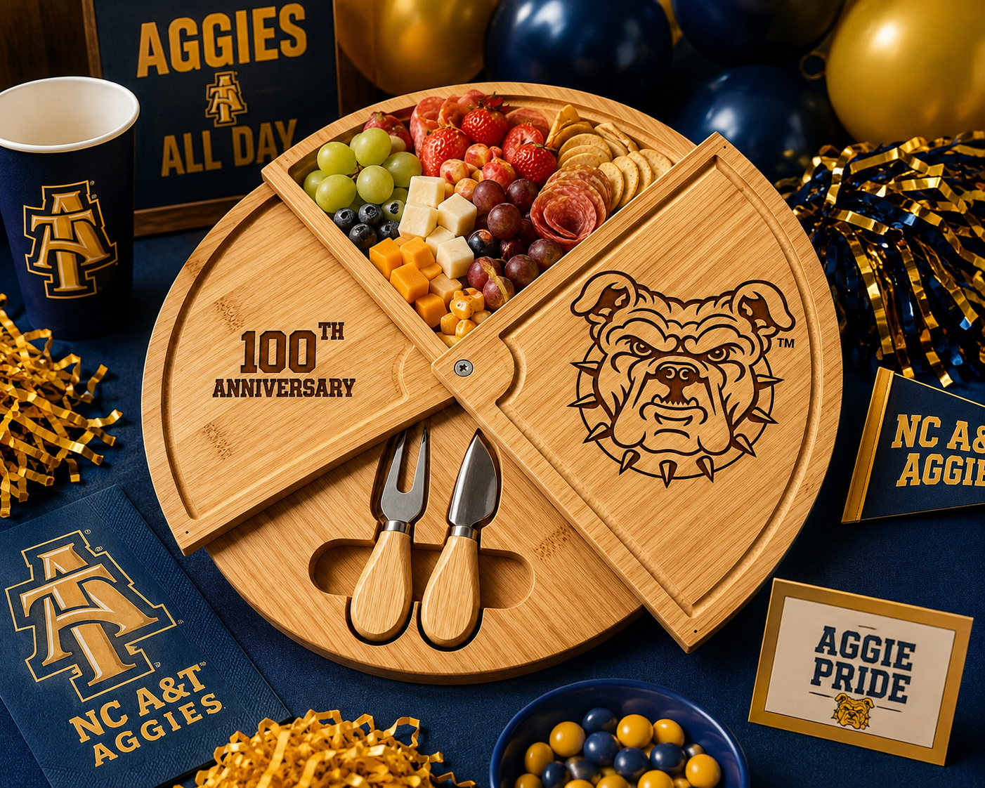 NCAT 100% Bamboo North Carolina A&T Bamboo Rotating Charcuterie & Cheeseboard with Knife Set