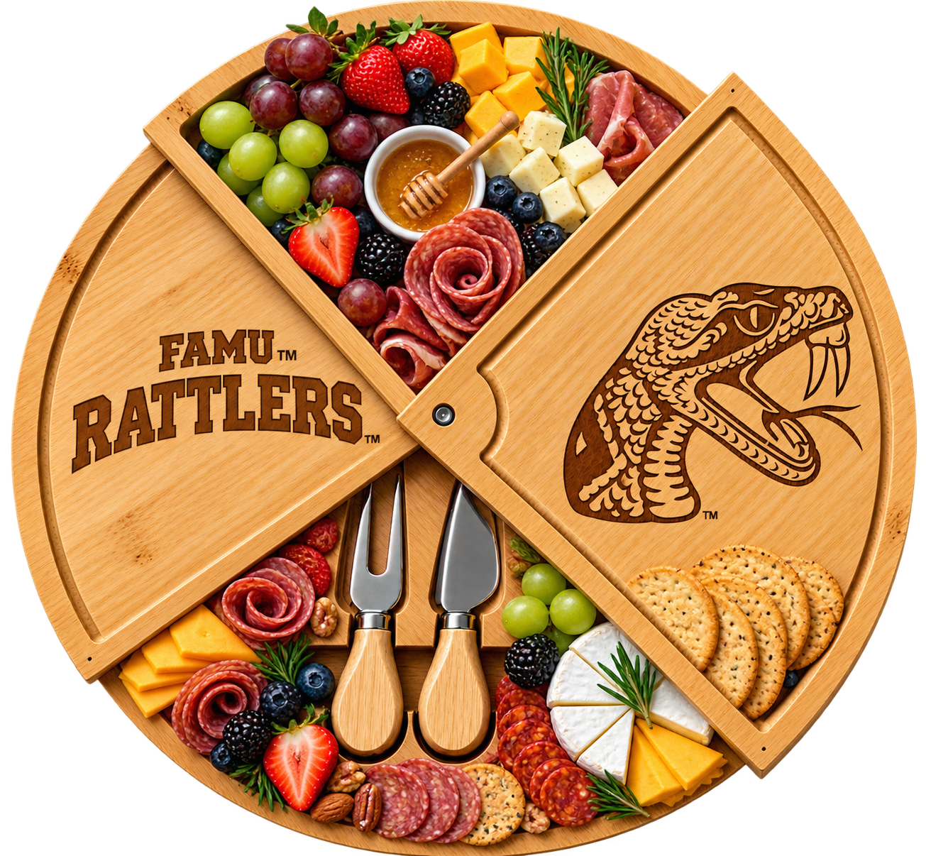 FAMU 100% Bamboo Rotating Round Large 18in Custom Branded Charcuterie Board & Knife Set