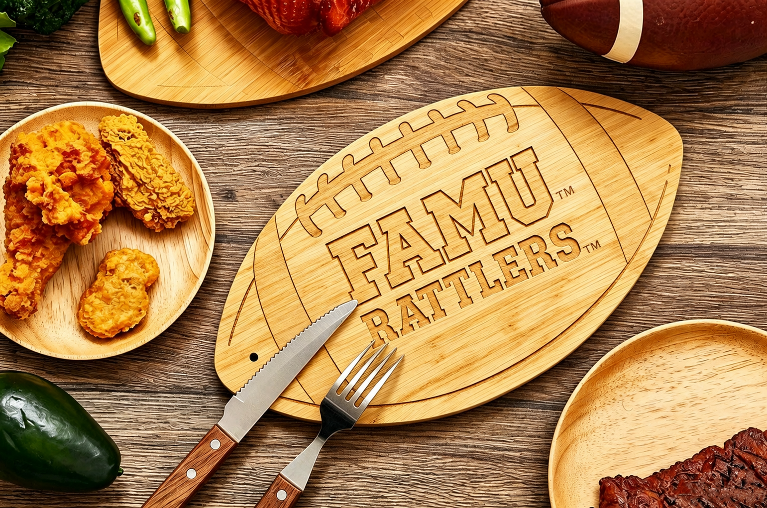 FAMU RATTLERS - 100% Bamboo Football Shaped Cutting Board & Charcuterie Board