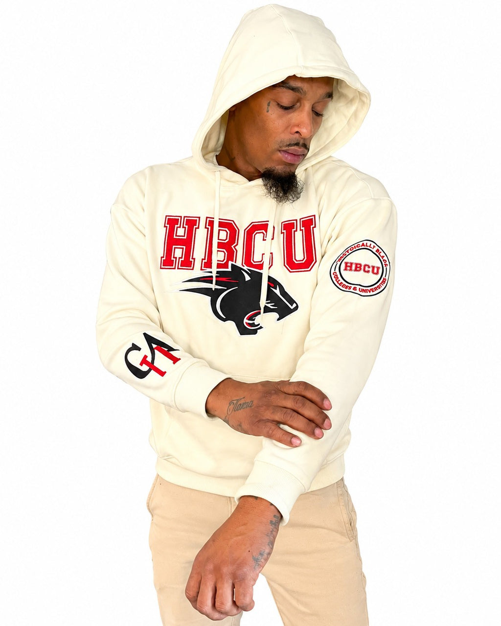 CAU Classic 100% Fully Embroidered & Patched PANTHER HBCU Hoodie - Cream