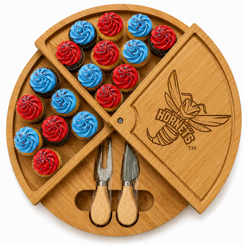 DSU Embossed 100% Bamboo Large Folding 18in Rotating Round Wood Charcuterie Board & Knife Set