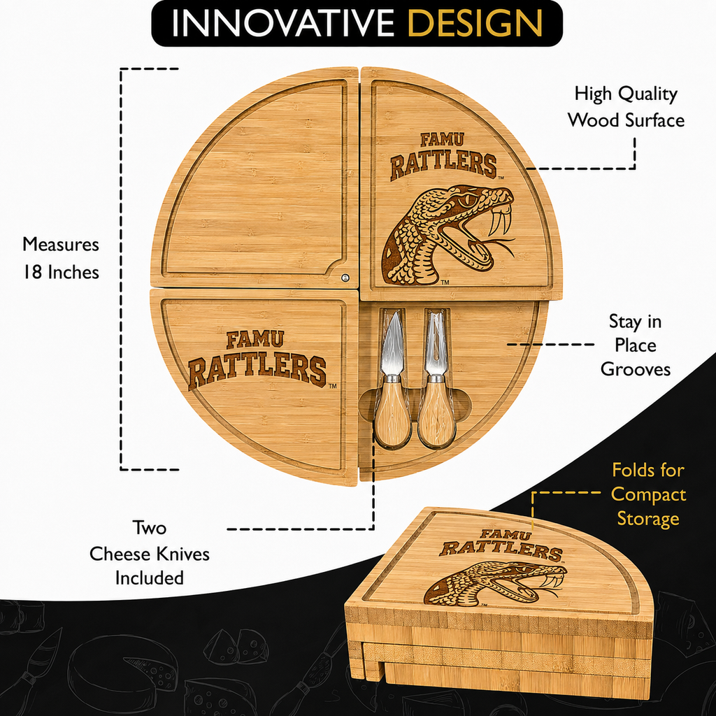 FAMU Embossed 100% Bamboo Large Folding 18in Rotating Round Wood Charcuterie Board & Knife Set