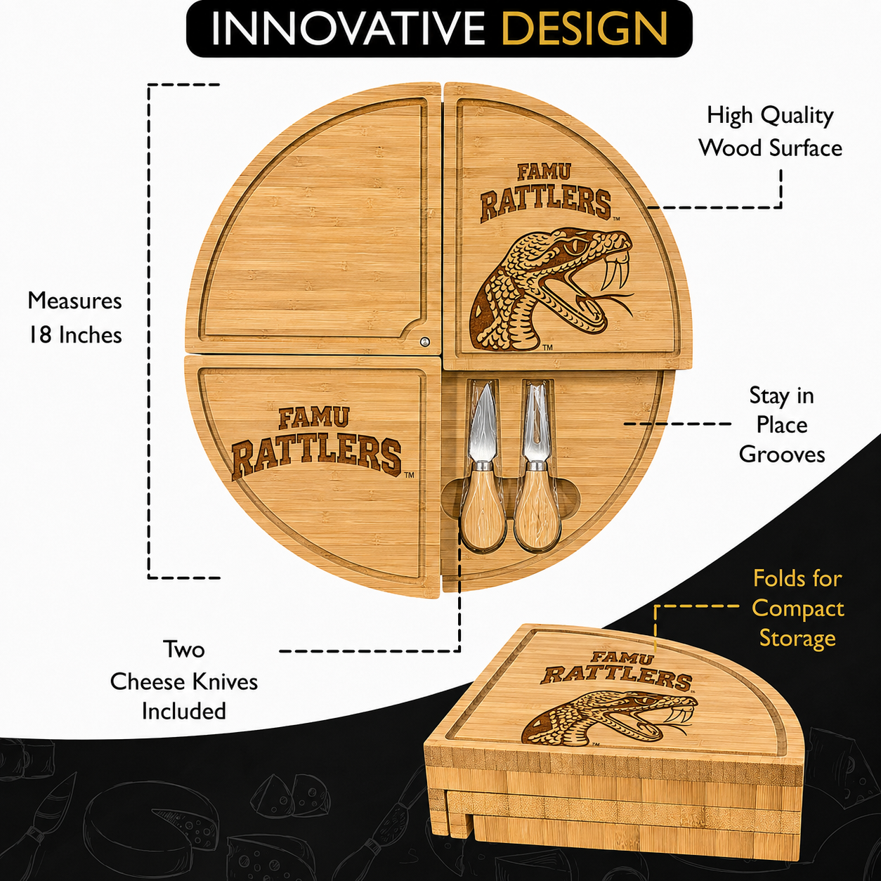 FAMU Embossed 100% Bamboo Large Folding 18in Rotating Round Wood Charcuterie Board & Knife Set