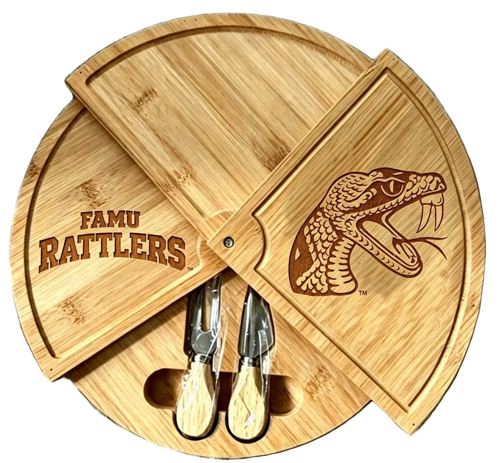 FAMU Embossed 100% Bamboo Large Folding 18in Rotating Round Wood Charcuterie Board & Knife Set