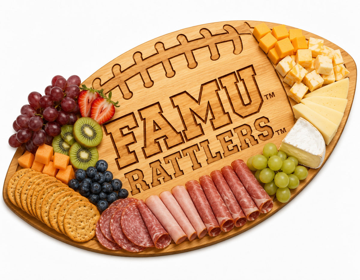FAMU RATTLERS - 100% Bamboo Custom Branded Football Shaped Cutting Board & Charcuterie Board