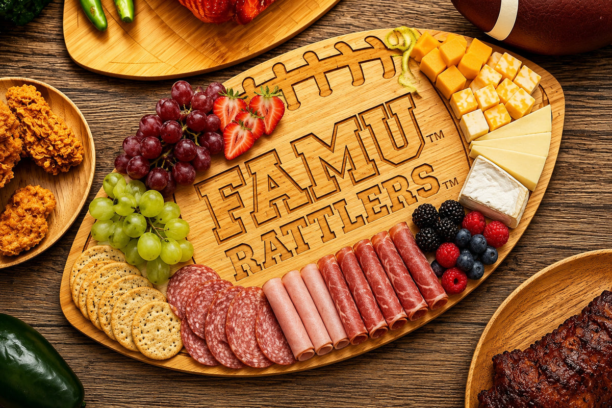 FAMU RATTLERS - 100% Bamboo Custom Branded Football Shaped Cutting Board & Charcuterie Board