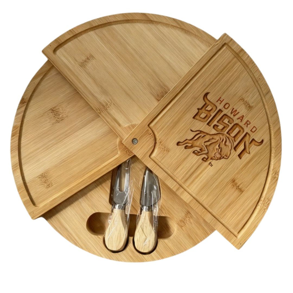 Howard U Embossed 100% Bamboo Large Folding 18in Rotating Round Wood Charcuterie Board & Knife Set
