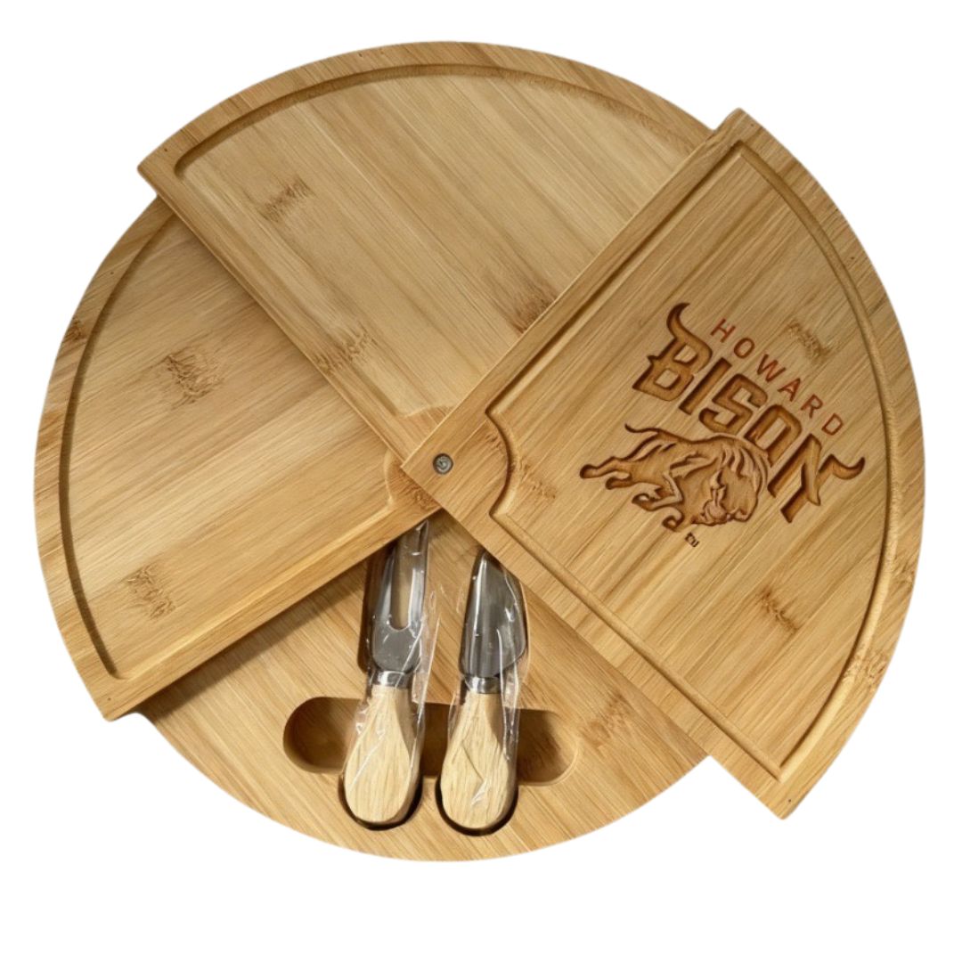 Howard U Embossed 100% Bamboo Large Folding 18in Rotating Round Wood Charcuterie Board & Knife Set