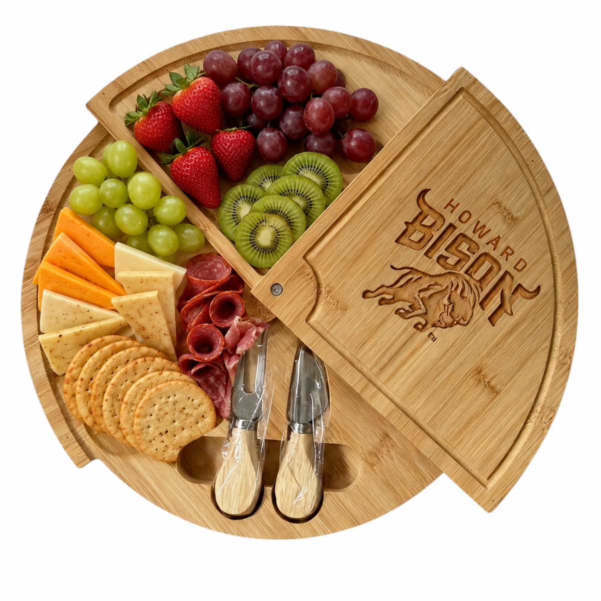 Howard U Embossed 100% Bamboo Large Folding 18in Rotating Round Wood Charcuterie Board & Knife Set