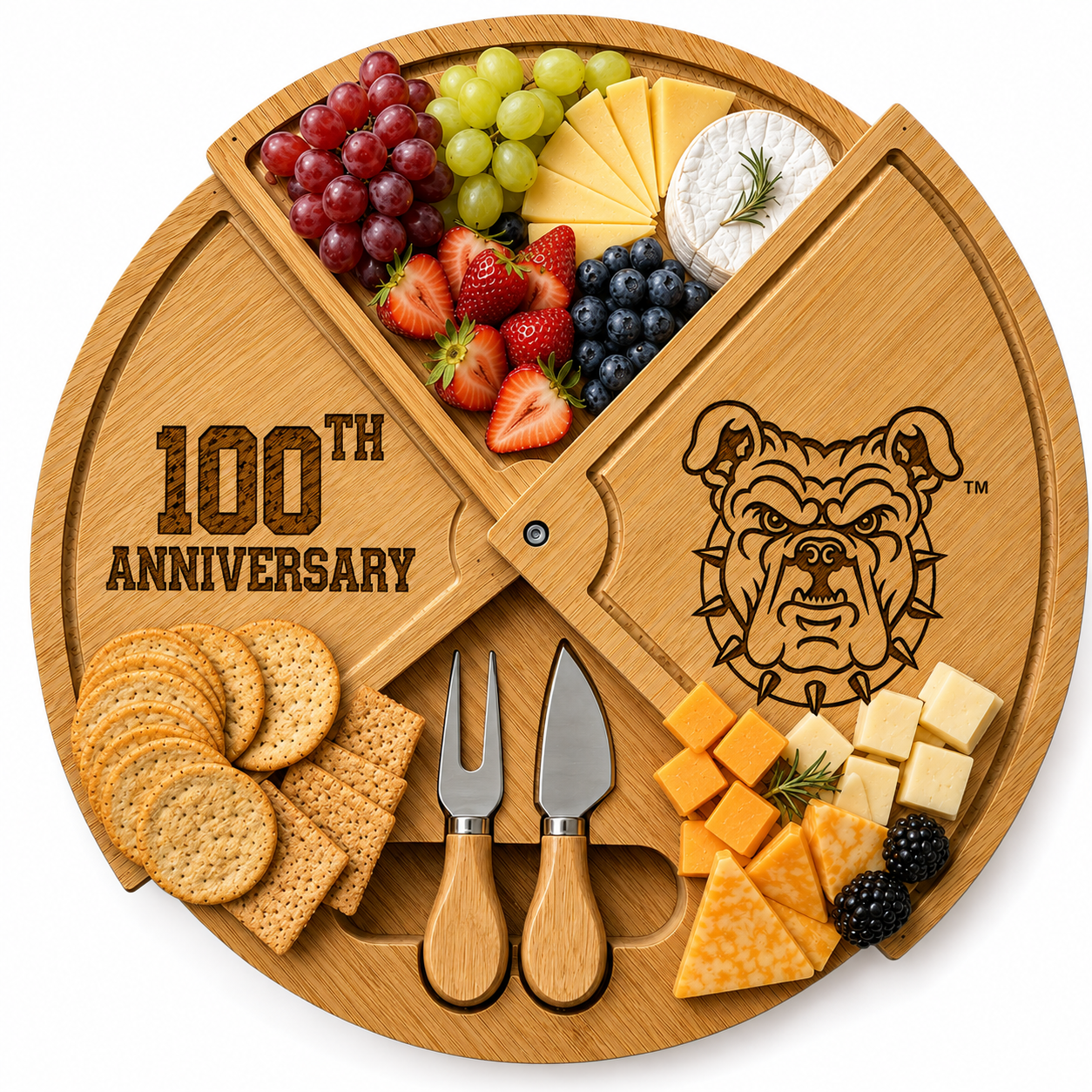 NCAT 100% Bamboo Rotating Round Large 18in Charcuterie Board & Knife Set