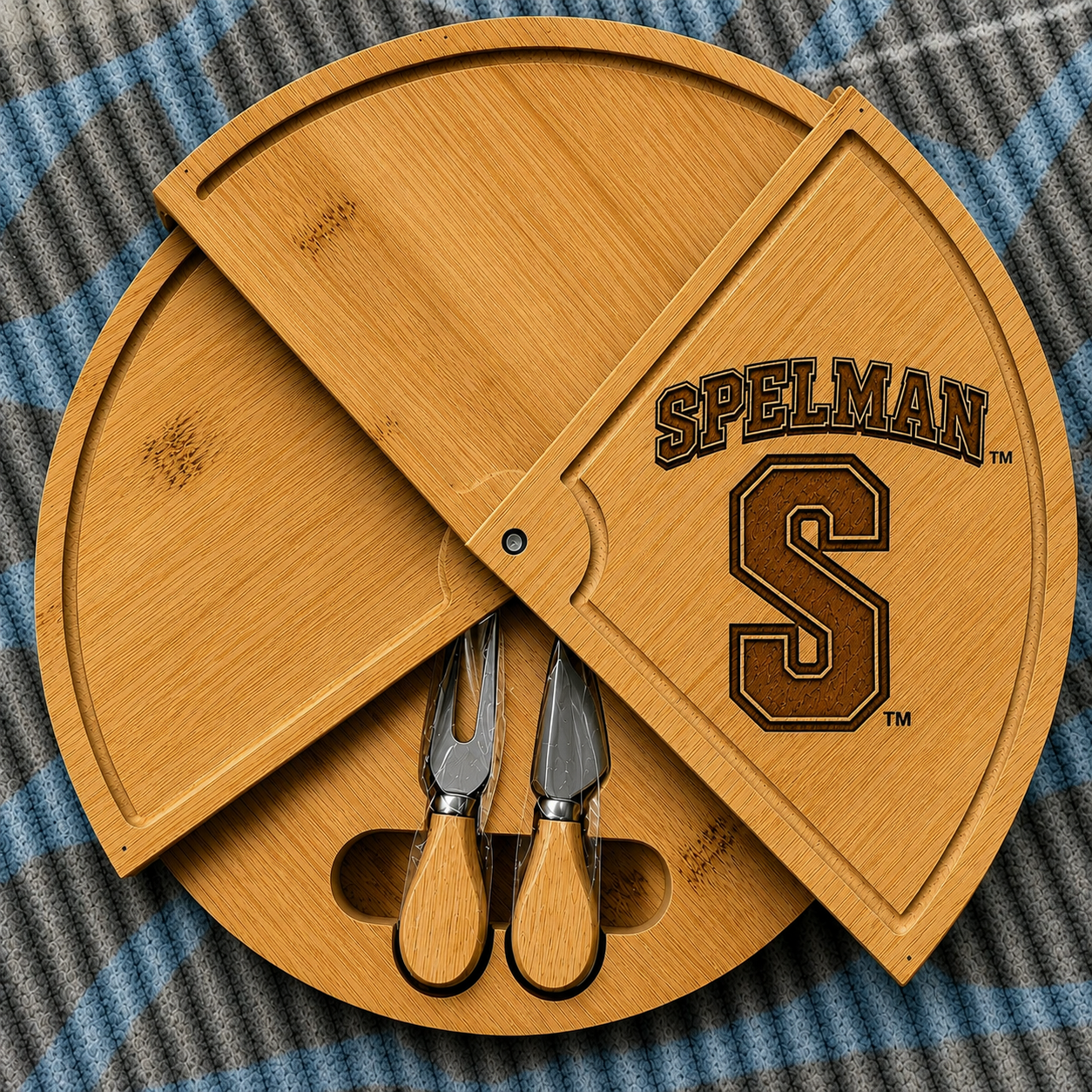 Spelman Classic Embossed Bamboo Large Folding 18in Rotating Round Wood Charcuterie Board & Knife Set