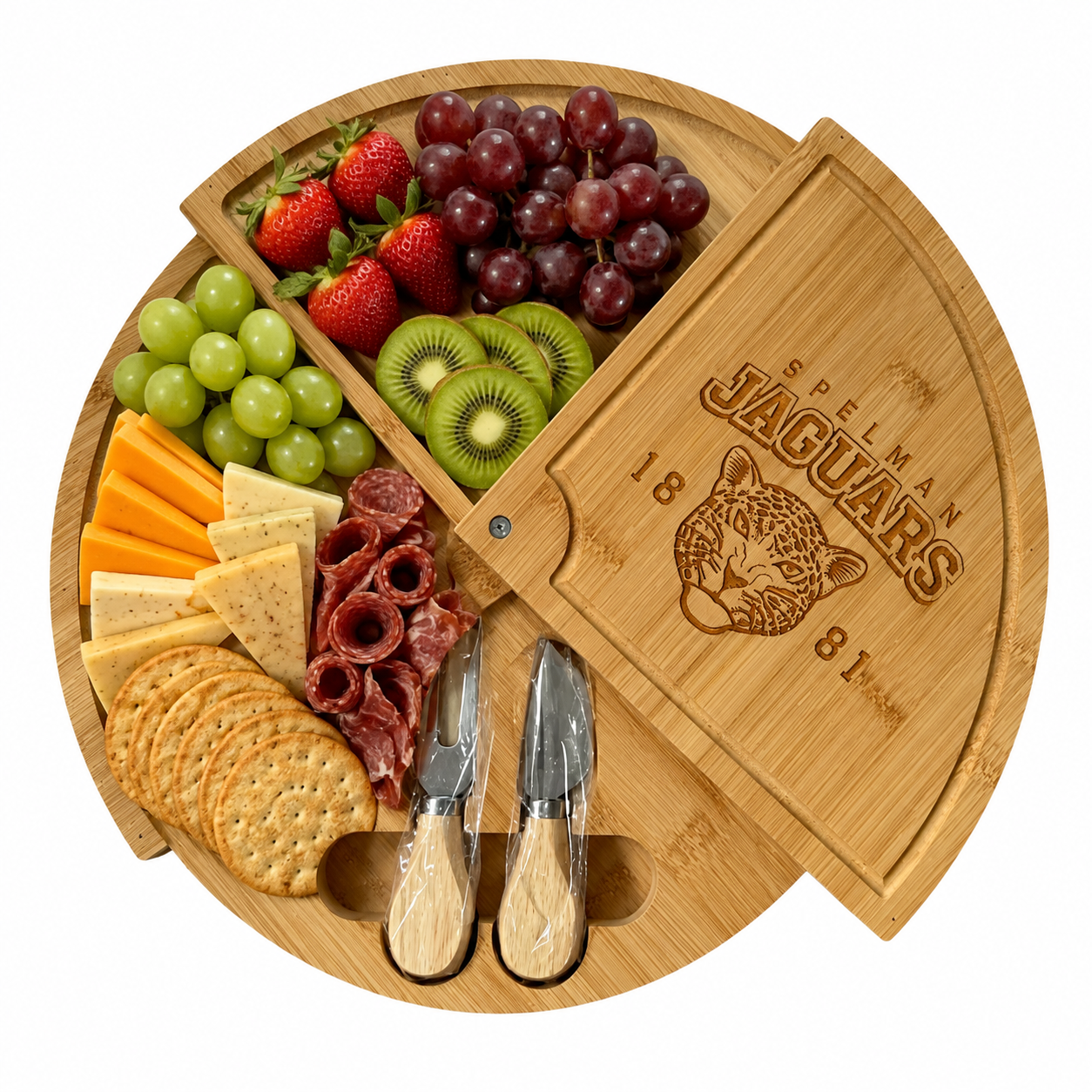 Spelman Embossed 100% Bamboo Large Folding 18in Rotating Round Wood Charcuterie Board & Knife Set