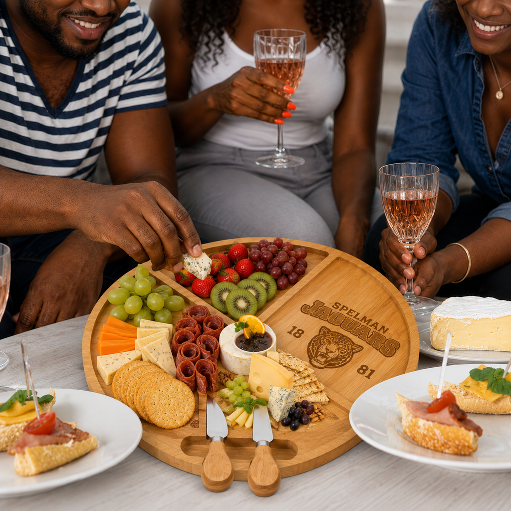 Spelman Embossed 100% Bamboo Large Folding 18in Rotating Round Wood Charcuterie Board & Knife Set