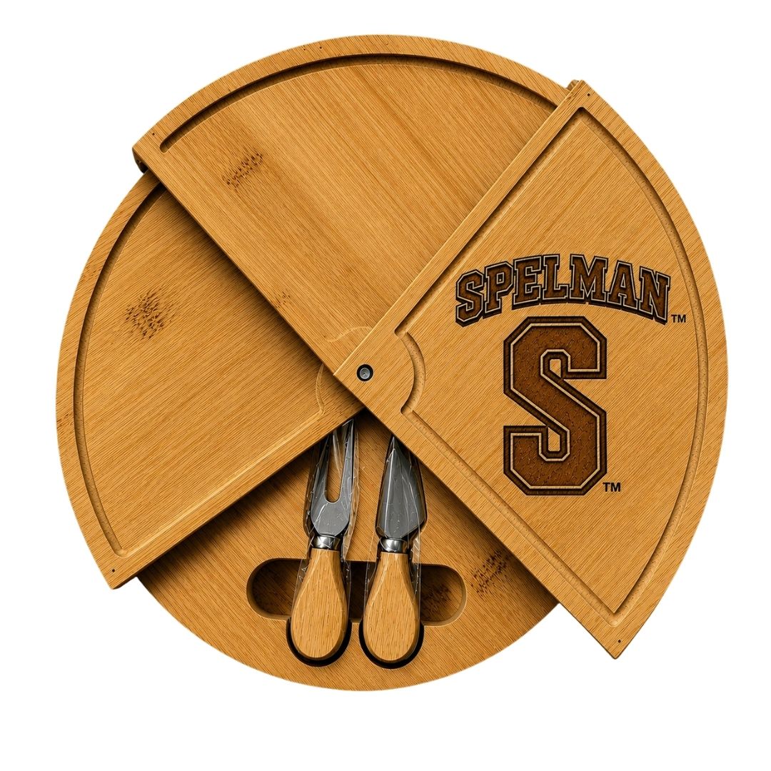Spelman Classic Embossed Bamboo Large Folding 18in Rotating Round Wood Charcuterie Board & Knife Set