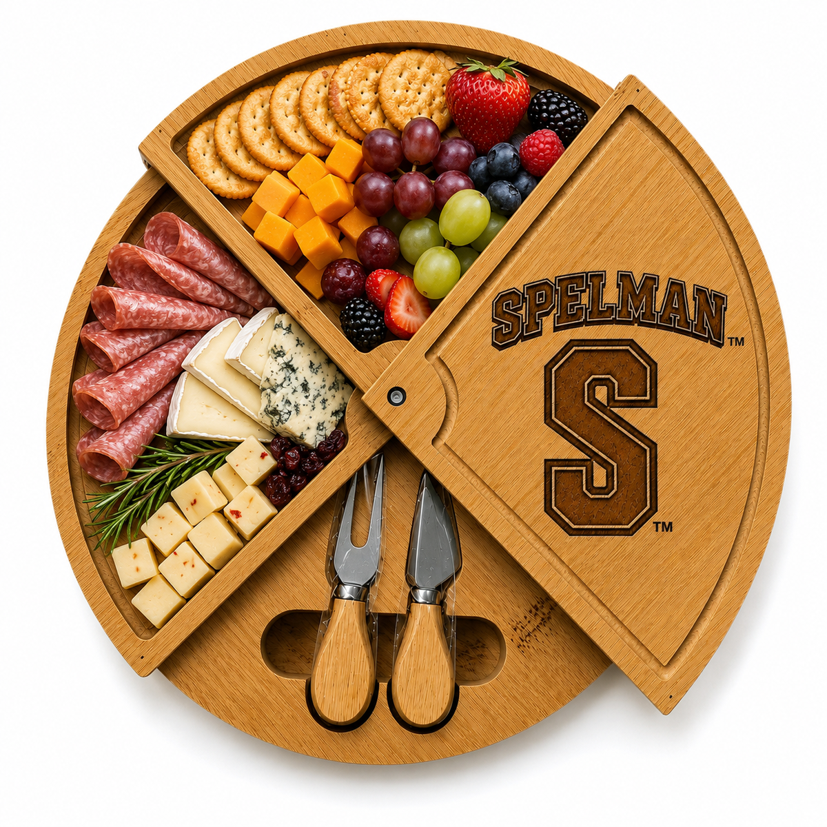 Spelman Classic Embossed Bamboo Large Folding 18in Rotating Round Wood Charcuterie Board & Knife Set