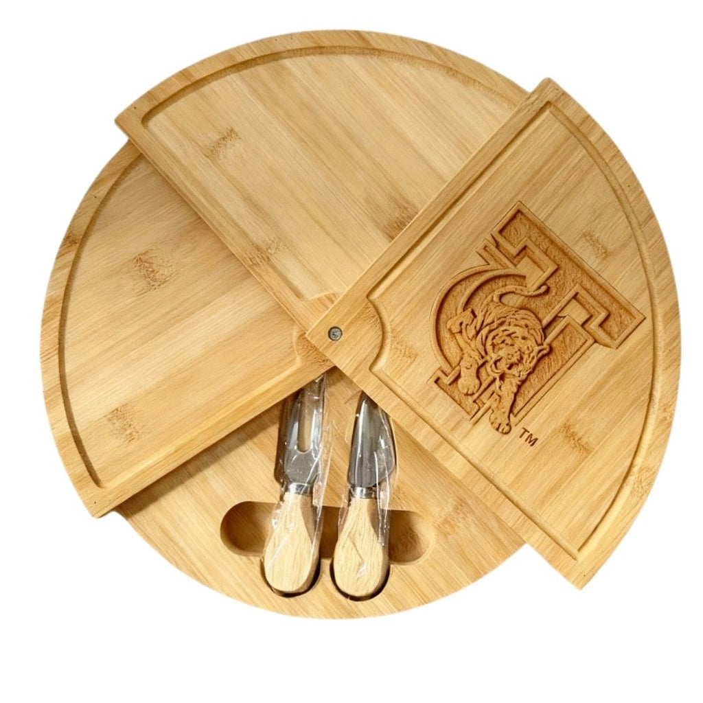 TUSKEGEE Embossed 100% Bamboo Large Folding 18in Rotating Round Wood Charcuterie Board & Knife Set