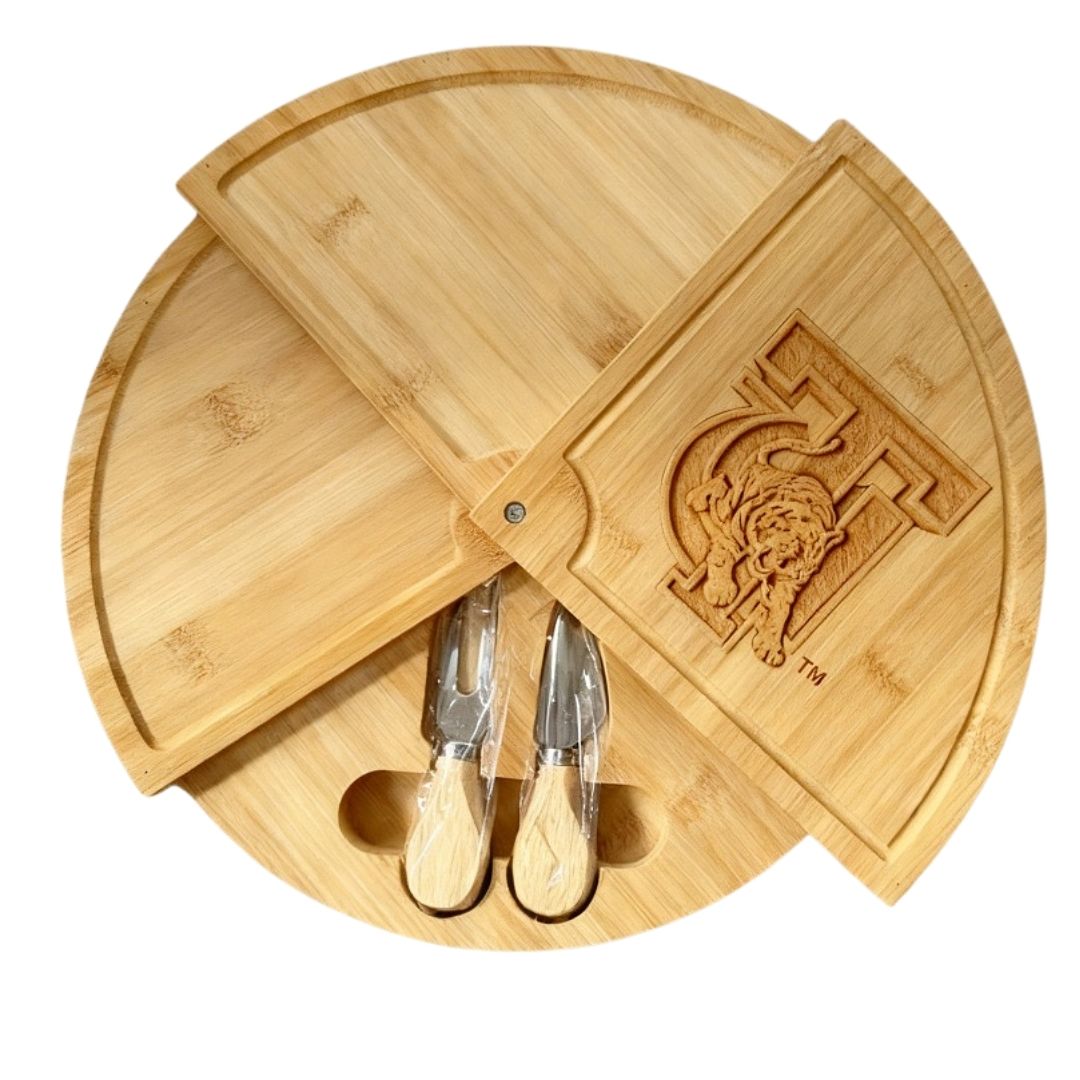 TUSKEGEE Embossed 100% Bamboo Large Folding 18in Rotating Round Wood Charcuterie Board & Knife Set