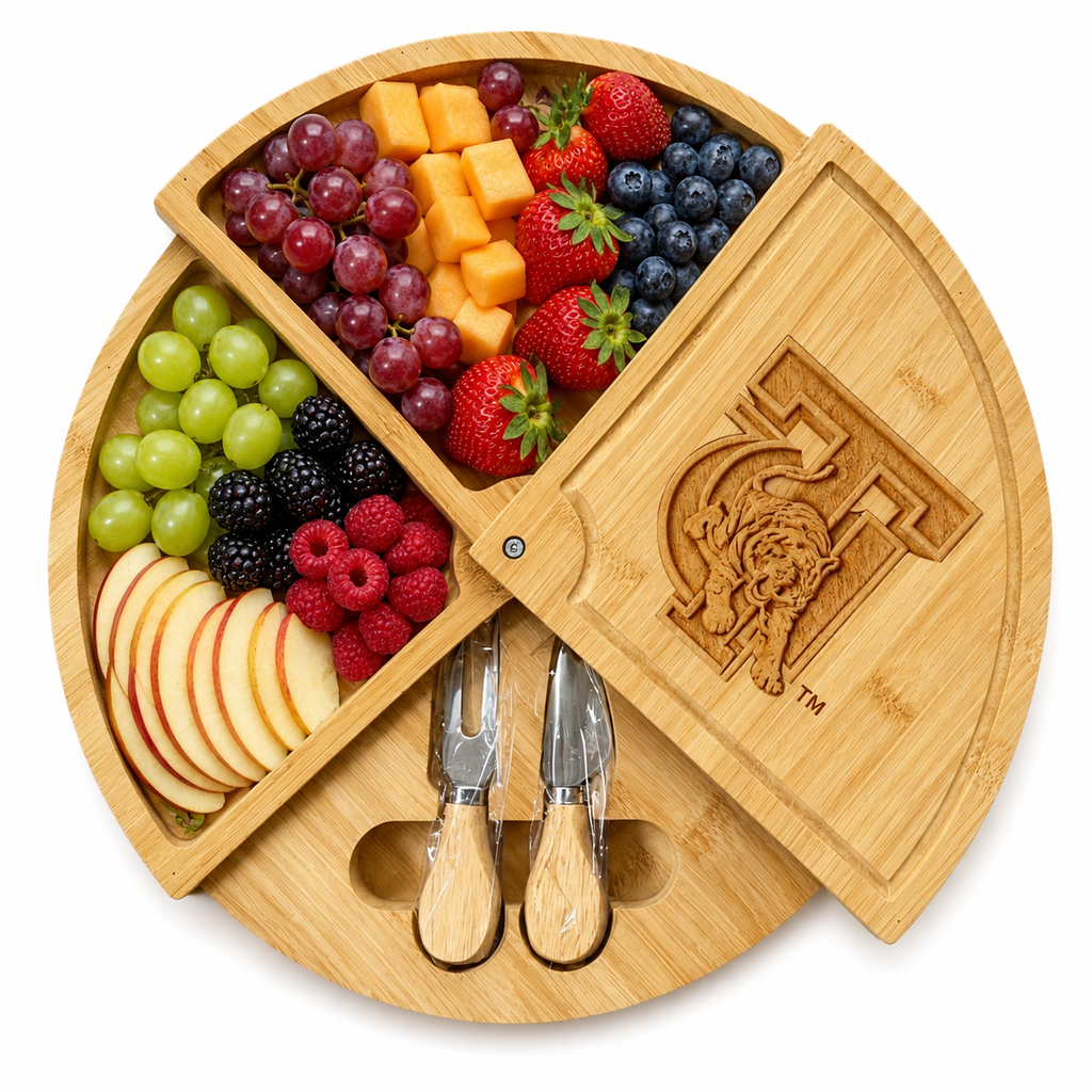 TUSKEGEE Embossed 100% Bamboo Large Folding 18in Rotating Round Wood Charcuterie Board & Knife Set
