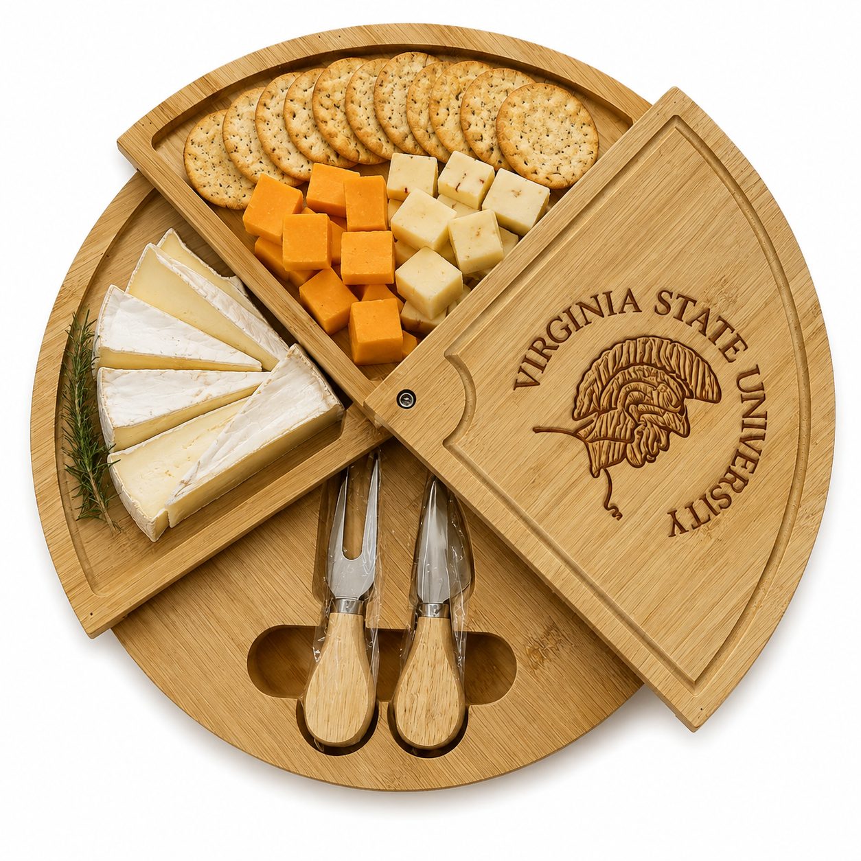 Virginia State University Embossed 100% Bamboo Large Folding 18in Rotating Round Wood Charcuterie Board & Knife Set (Copy)