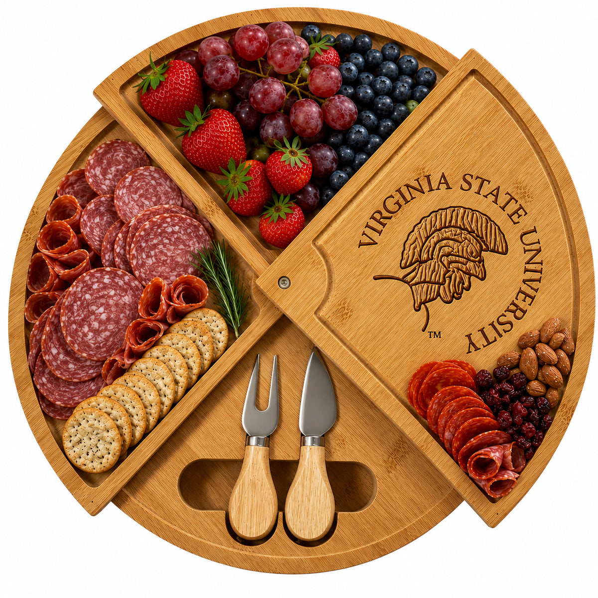Virginia State University Embossed 100% Bamboo Large Folding 18in Rotating Round Wood Charcuterie Board & Knife Set (Copy)