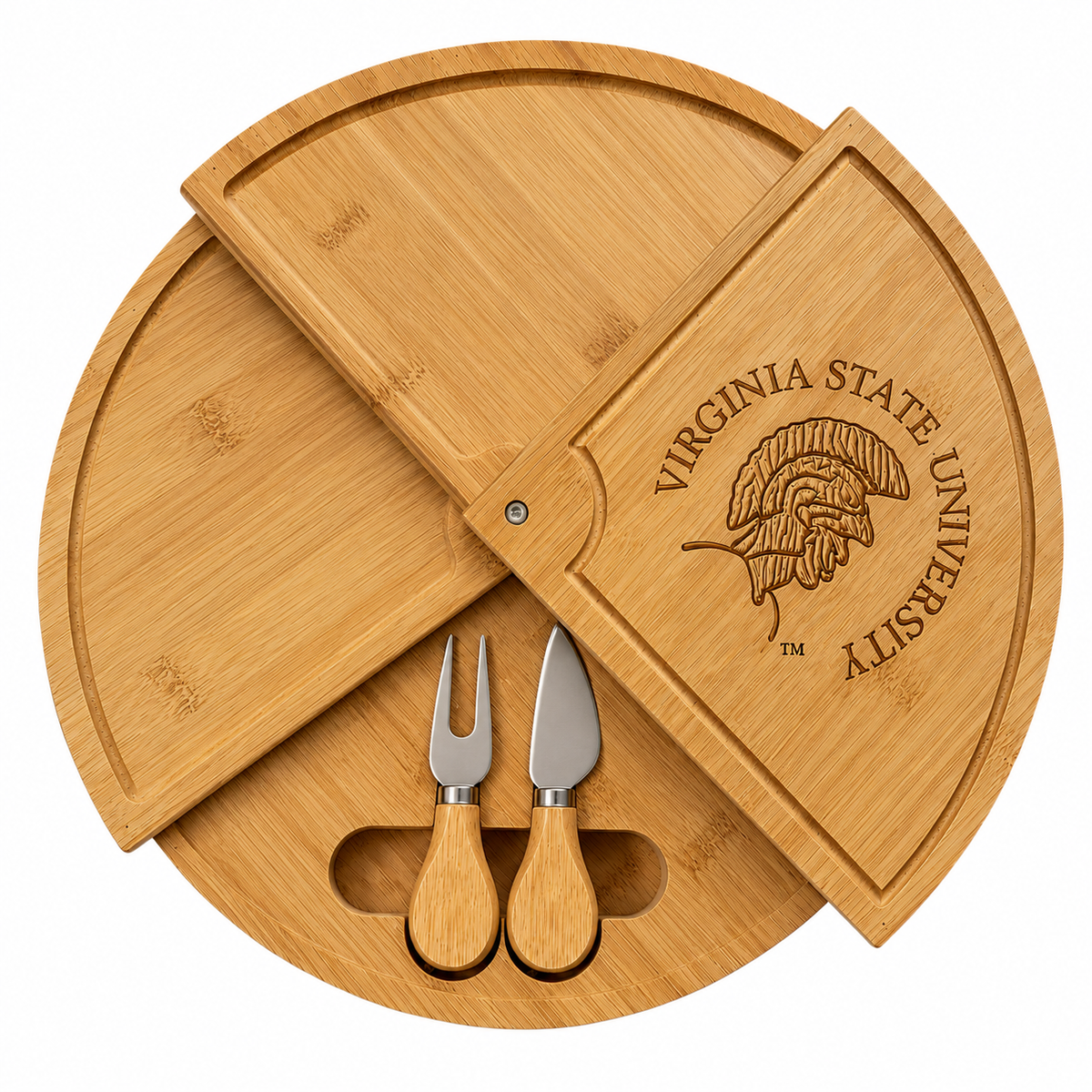 Virginia State University Embossed 100% Bamboo Large Folding 18in Rotating Round Wood Charcuterie Board & Knife Set (Copy)