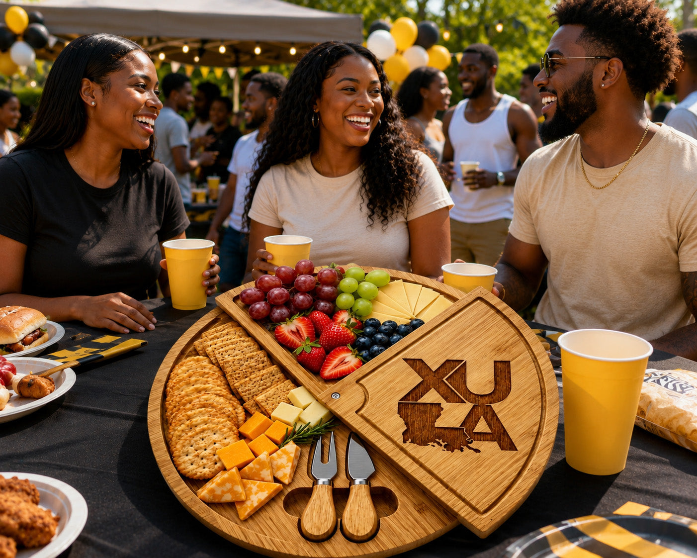 XAVIER UNIVERSITY of LOUISIANA 100% Bamboo Rotating Charcuterie & Cheeseboard with Knife Set