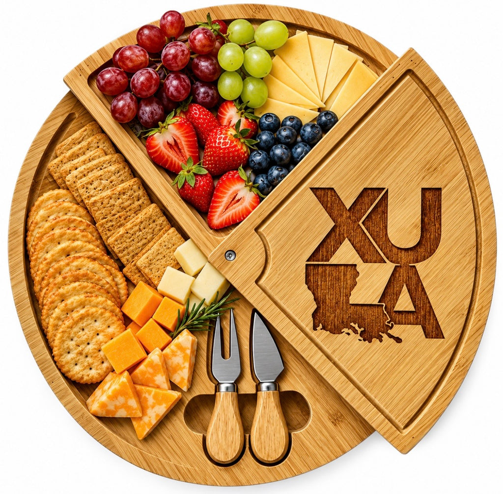 XAVIER UNIVERSITY of LOUISIANA 100% Bamboo Rotating Charcuterie & Cheeseboard with Knife Set