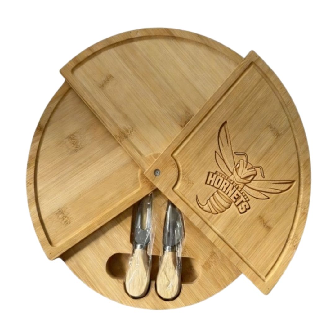 DSU Embossed 100% Bamboo Large Folding 18in Rotating Round Wood Charcuterie Board & Knife Set