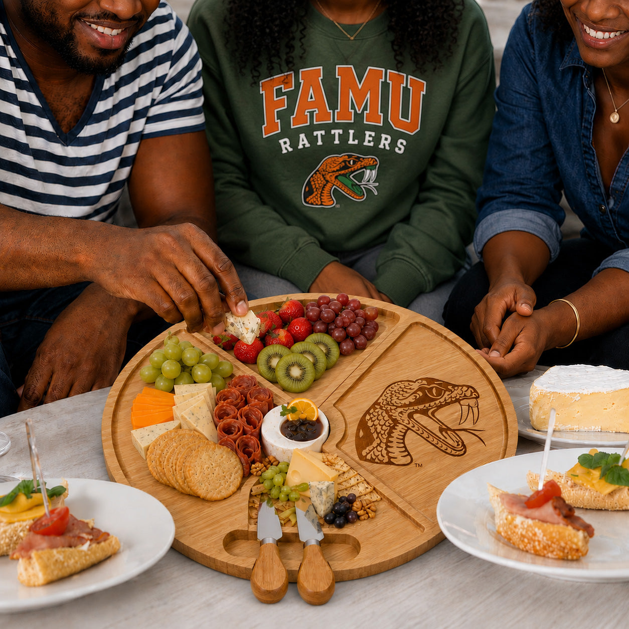FAMU 100% Bamboo Rotating Round Large 18in Custom Branded Charcuterie Board & Knife Set