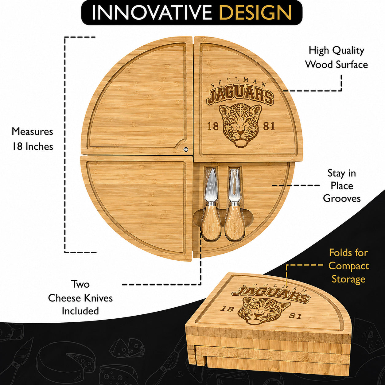 Spelman Embossed 100% Bamboo Large Folding 18in Rotating Round Wood Charcuterie Board & Knife Set