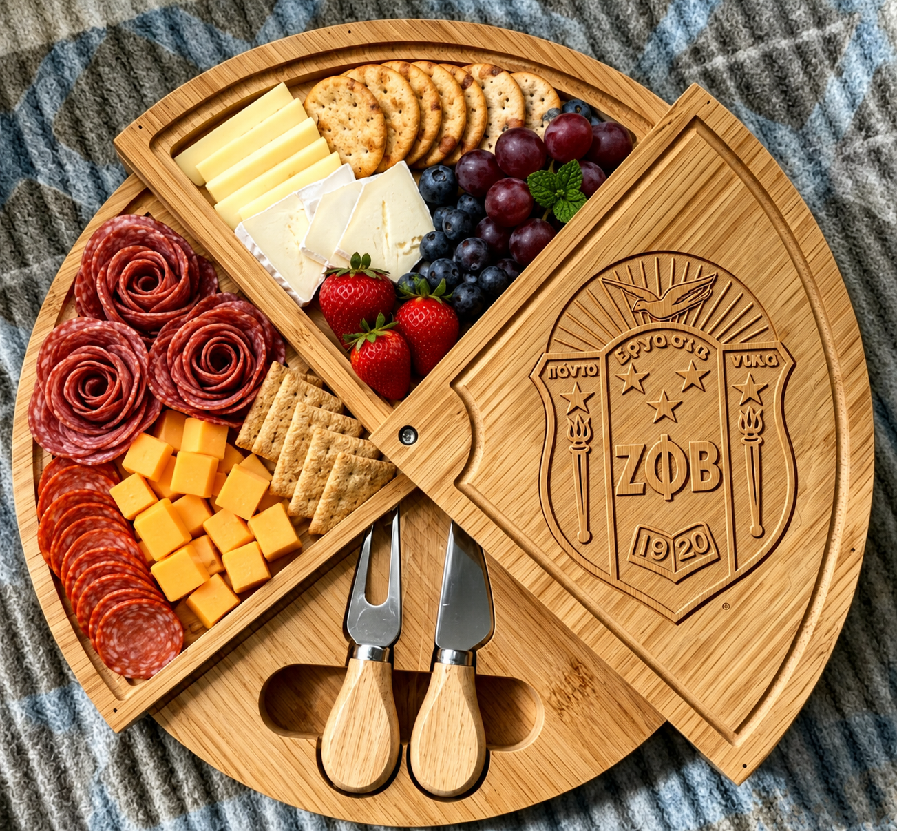ZETA PHI BETA SORORITY, INC 100% Bamboo Rotating Charcuterie & Cheeseboard with Knife Set